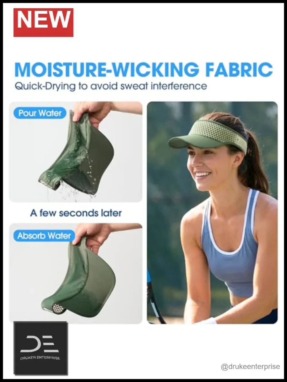 Wide Curved Brim Sun Visor Hat with Moisture Wicking Strap